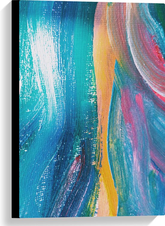 Canvas - Blauwe Verf Strepen met Gele en Roze Details - 40x60 cm Foto op Canvas Schilderij (Wanddecoratie op Canvas)