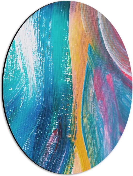 Dibond Ovaal - Blauwe Verf Strepen met Gele en Roze Details - 30x40 cm Foto op Ovaal (Met Ophangsysteem)