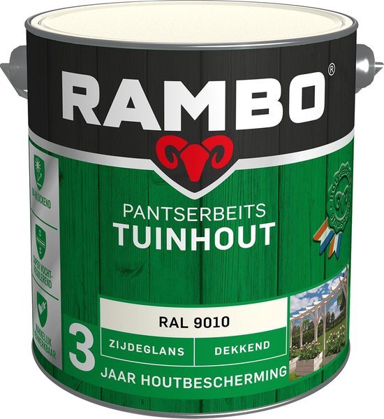 Rambo Pantserbeits Tuinhout Zijdeglans Dekkend - Gelijkmatig Vloeiend - RAL 9010 Zuiverwit - 2.5L
