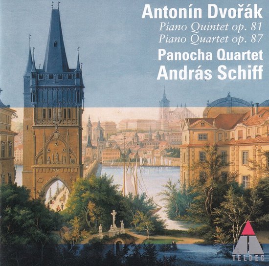 CD-hoes met een schilderij van een Tsjechische stad aan een rivier, met een gotische toren en bruggen. Titel: Antonín Dvořák: Piano Quintet op. 81, Piano Quartet op. 87, Panocha Quartet, András Schiff.