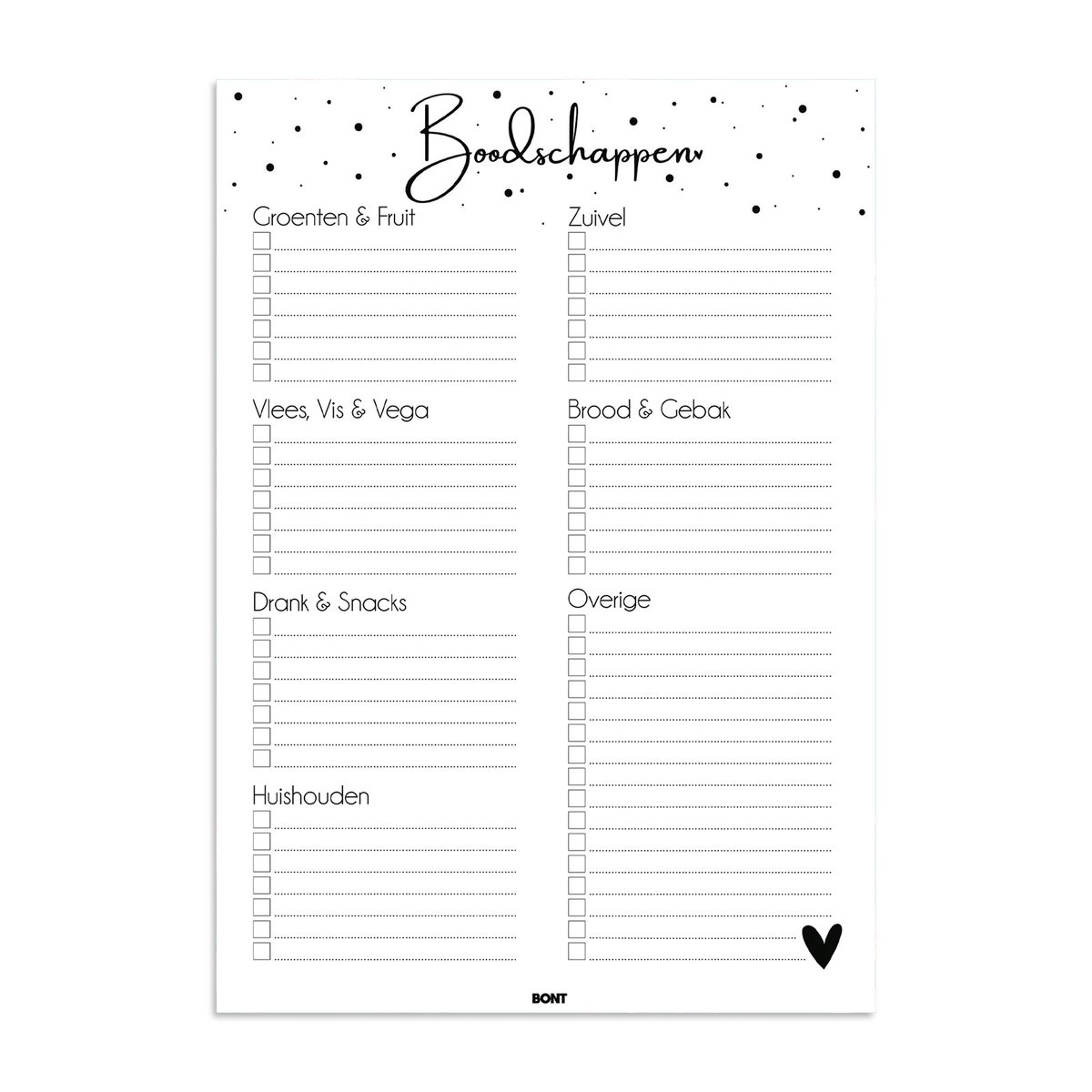 BONT | Boodschappenplanner - Weekplanner - A5 - stippen - Boodschappen planner - Dieet Planner - Boodschappenlijstje - lijstje - Supermarkt planner - Agenda - Eten - Dag planner - 50 pagina's