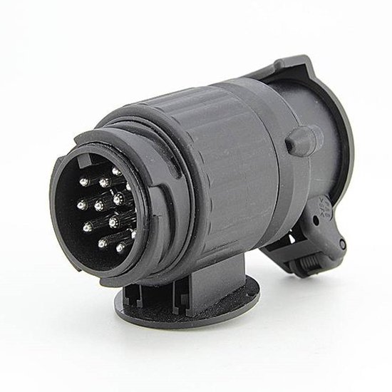 Zwarte 13-polige Jaeger naar Multicon West aanhanger adapter.