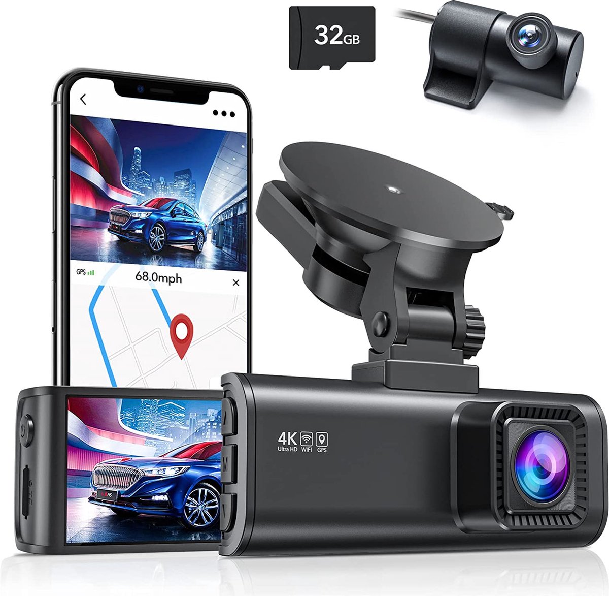Dash Cam avant et arrière, Wifi intégré 1080p Caméra double tableau de bord  pour voitures, 3,2 pouces écran Dashcam, enregistreur de caméra grand angle  170, vision nocturne, parking Mon