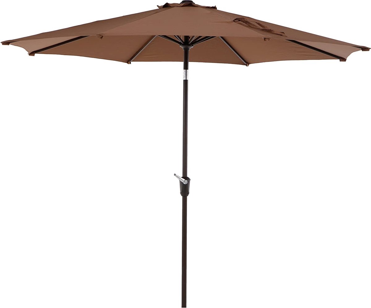 Stylish striped garden umbrella with wooden pole and crank mechanism.