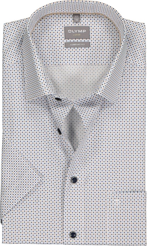 Chemise OLYMP Comfort Fit - manches courtes - popeline - blanche avec motif blocs bleus et beiges - Infroissable - Taille du col : 50