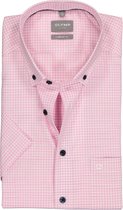 OLYMP comfort fit overhemd - korte mouw - popeline - roze met wit geruit - Strijkvrij - Boordmaat: 43