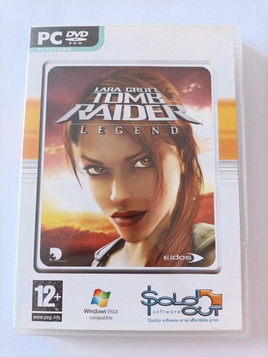 Lara Croft Tomb Raider Legend pc dvd-rom speldoos met Lara's gezicht prominent, met PEGI 12 en Windows Vista compatibel logo's.
