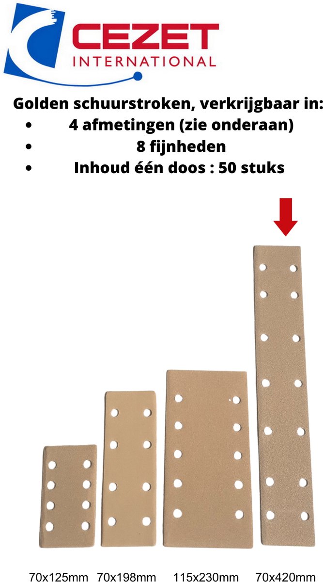CEZET Golden schuurpapier strook - grit 120 - 70x420 mm - 14 gaten - 50 stuks - schuren auto, boot enz.