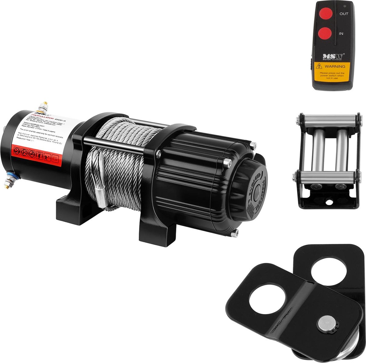 MSW Offroad-kabellier - 2.040 kg - 4.500 lbs - 12 V - 15 m staalkabel - incl. Katrol 10060665