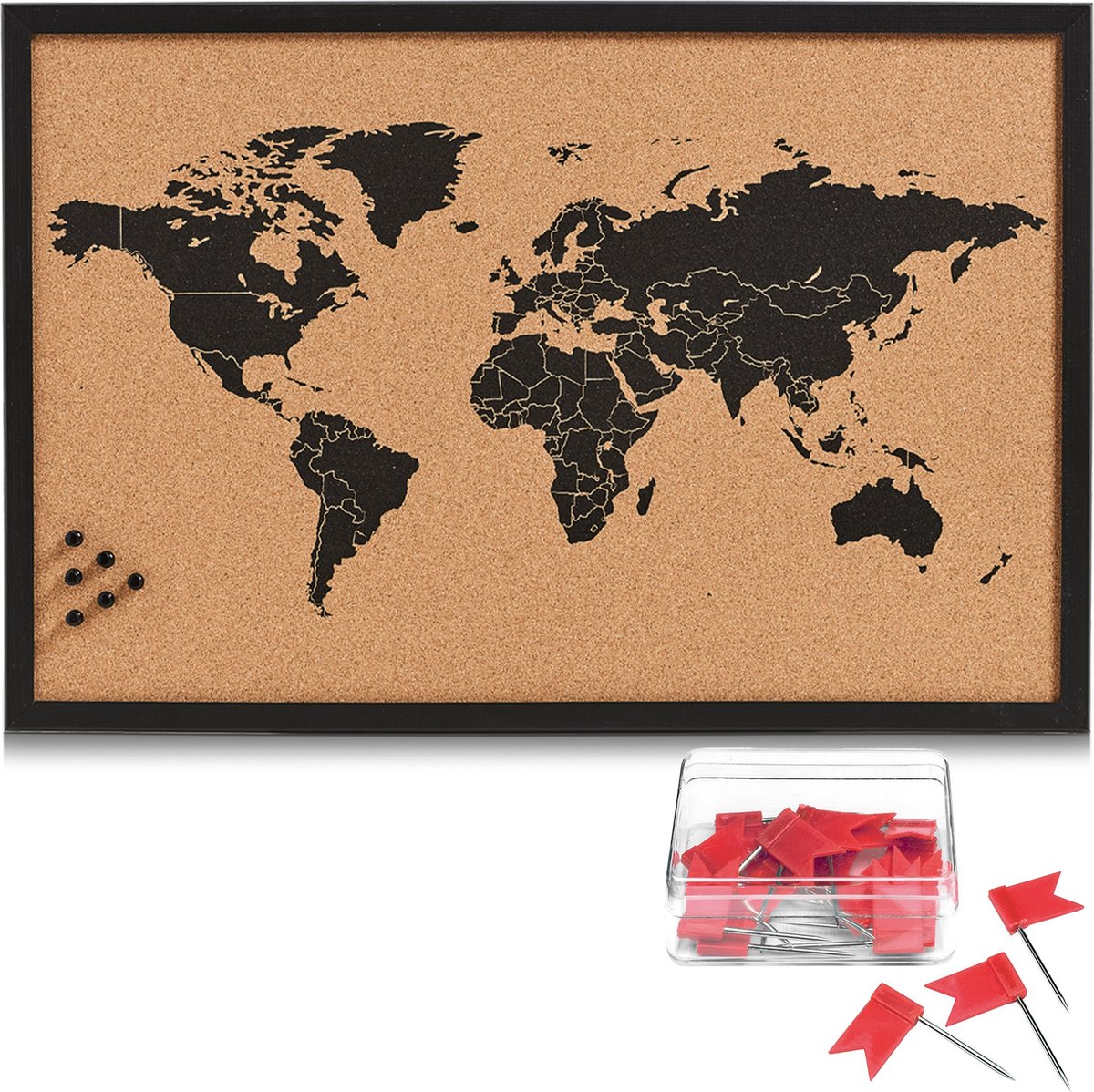 Prikbord wereldkaart met 20x punaise vlaggetjes rood - 60 x 40 cm - kurk - Zeller