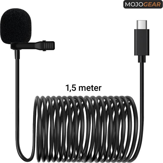MOJOGEAR Speldmicrofoon USB-C voor smartphone en tablet - 1,5 meter kabel dasspeld - Lavalier microfoon voor iPhone 15 & Android smartphones - Zwart - MOJOGEAR