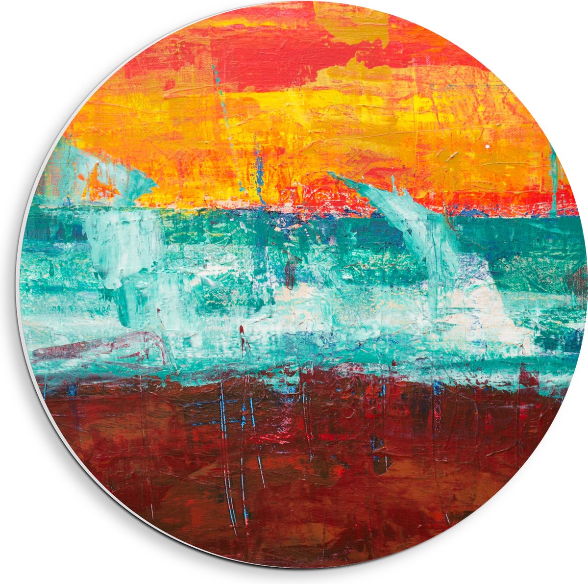 PVC Schuimplaat Muurcirkel - Drie Vakken Verf in Oranje, Blauw en Bruin - 40x40 cm Foto op Muurcirkel (met ophangsysteem)