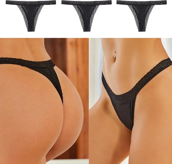 3 Pack - Dunne Dames String - Sexy Design met Kant - 3x Zwart - Dames Lingerie / Ondergoed Set - Maat M