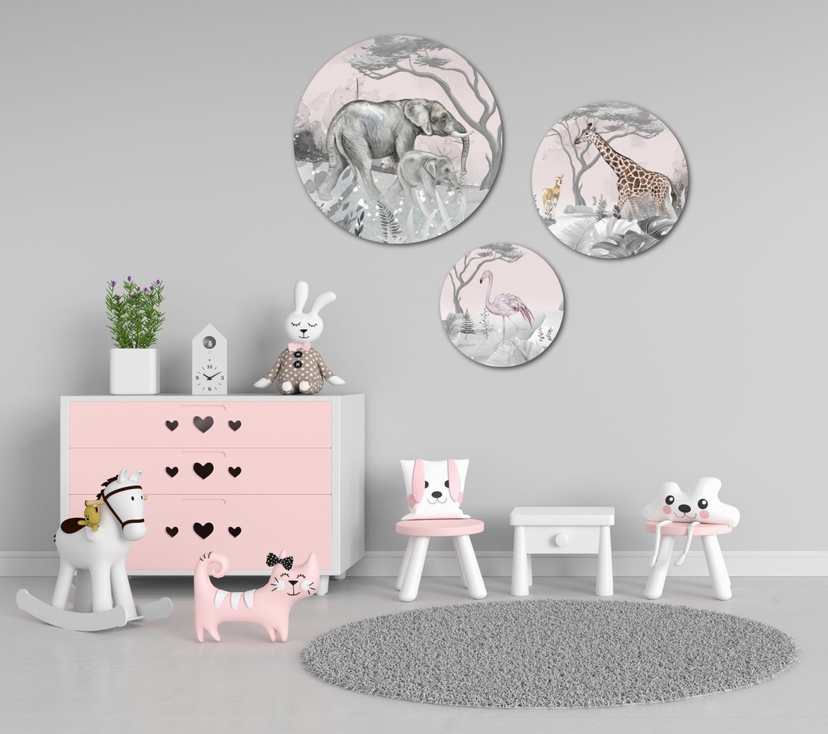 Muurcirkel / Wandcirkel Olifant op safari middelgroot - set van 3 muurcirkels - Decoratie kinderkamer / babykamer jongens & meisjes