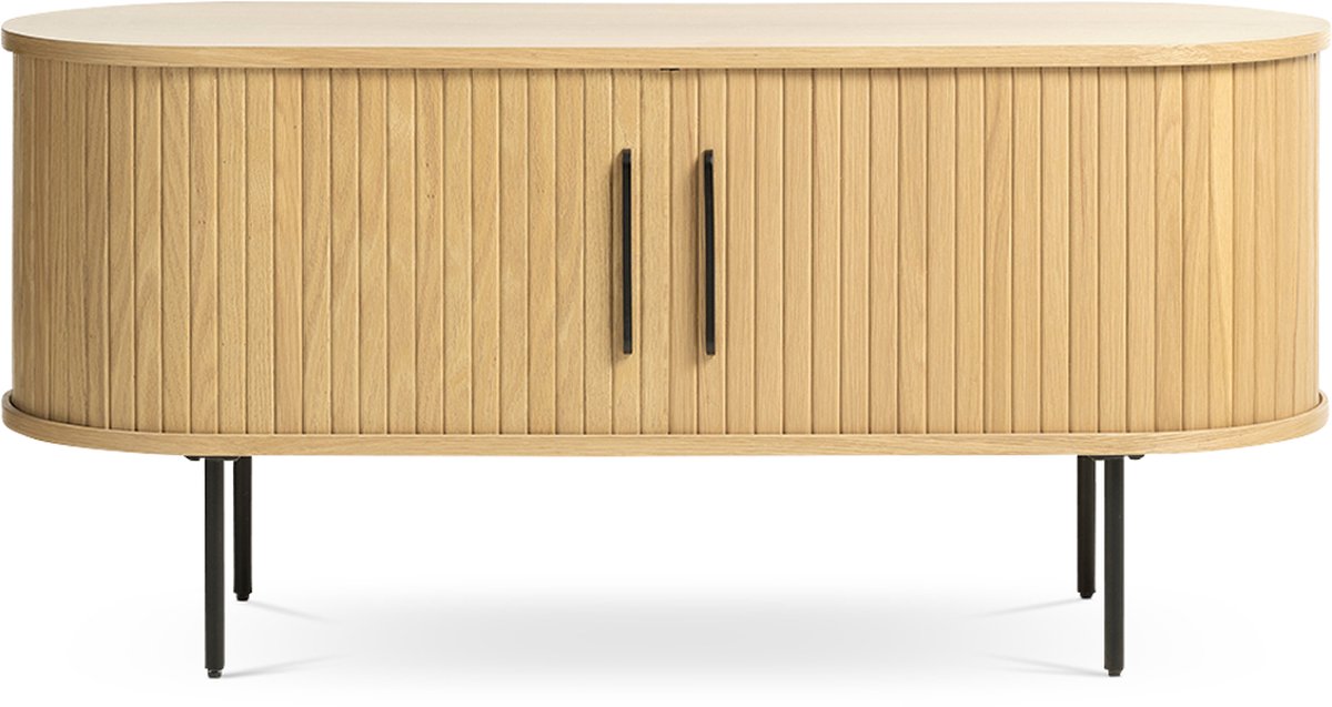 Olivine Lenn TV Meubel Naturel - Hout - met Schuifdeuren - TV kast - Verstelbare Planken - Ovaal - Scandinavisch - 120 x 40 x 56 cm