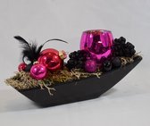 ZoeZo Design - kerststukje - kerststuk - kerstdecoratie - kerstversiering - met waxinelichtjeshouder - aardewerk potje - zwart - pink - 25x12x7 cm