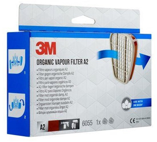 3M A2 organische dampfilter 6055 verpakking met illustratie.