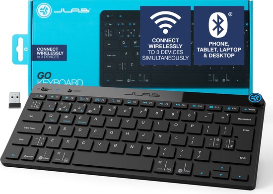 JLab GO Draadloos Toetsenbord - Bluetooth of USB dongle verbinding - 3 Devices - Stille toetsen - Compact design - Volumeknop - Qwerty