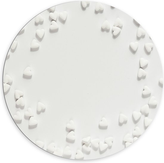 Dibond Muurcirkel - Groep Witte Hartjes tegen Witte Achtergrond - 100x100 cm Foto op Aluminium Muurcirkel (met ophangsysteem)