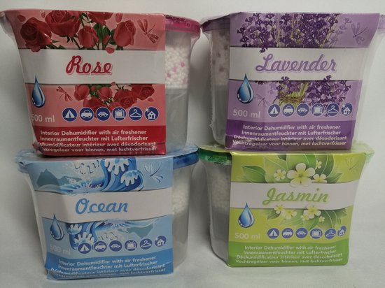 Foto: Vochtvreters 500 ml set van 4 stuks rozen ocean lavendel en jasmijn kelder schuur caravan huis