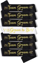 7-delige Sjerpen set Groom to Be en Team Groom zwart en wit met goud opdruk - sjerp - bruid - bruidegom - bride - groom