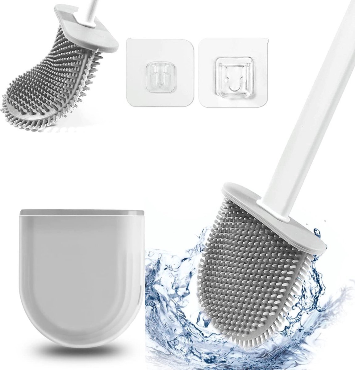 Siliconen Toiletborstel met Houder - Hygiënisch - Hangend & Vrijstaand - Wit/Grijs