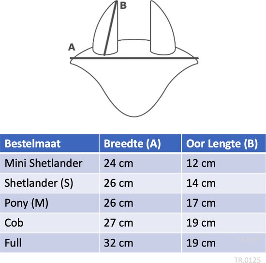 Maattabel voor oornetjes: Bestelmaten, breedte (A) en oorlengte (B).