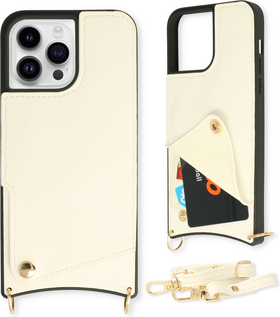 Casemania Hoesje Geschikt voor Apple iPhone 11 Pro Max - Back Cover met Draagkoord - Pasjeshouder Hoes met Bandje - Crossbody Telefoonhoesje - Lanyard Case - Wit