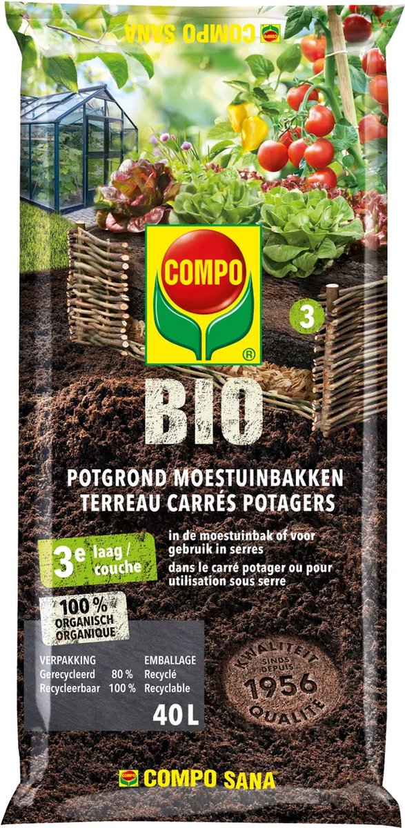 COMPO Bio Potgrond Moestuinbakken - 100% natuurlijk - ook voor gebruik in serres - voor een rijke oogst - zak 40 L