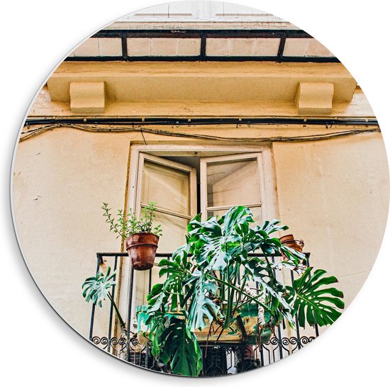 PVC Schuimplaat Muurcirkel - Balkon met Groene Planten - 40x40 cm Foto op Muurcirkel (met ophangsysteem)