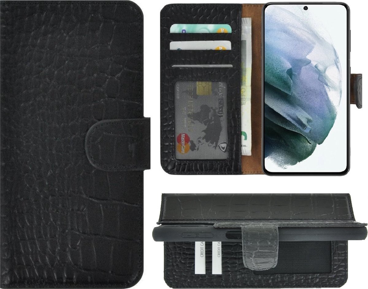 MoDo hoesje Geschikt voor Samsung Galaxy A54 - Echt Leer Book Case - Croco Zwart