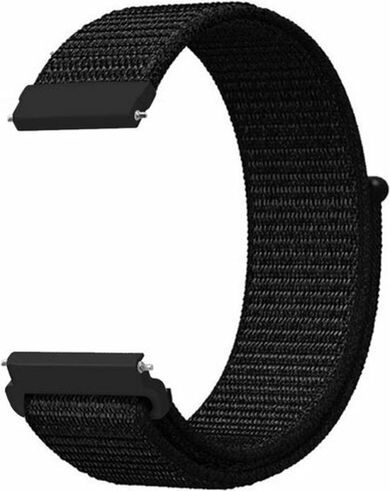Los zwart nylon horlogebandje met zilverkleurige connectoren en klittenbandsluiting.