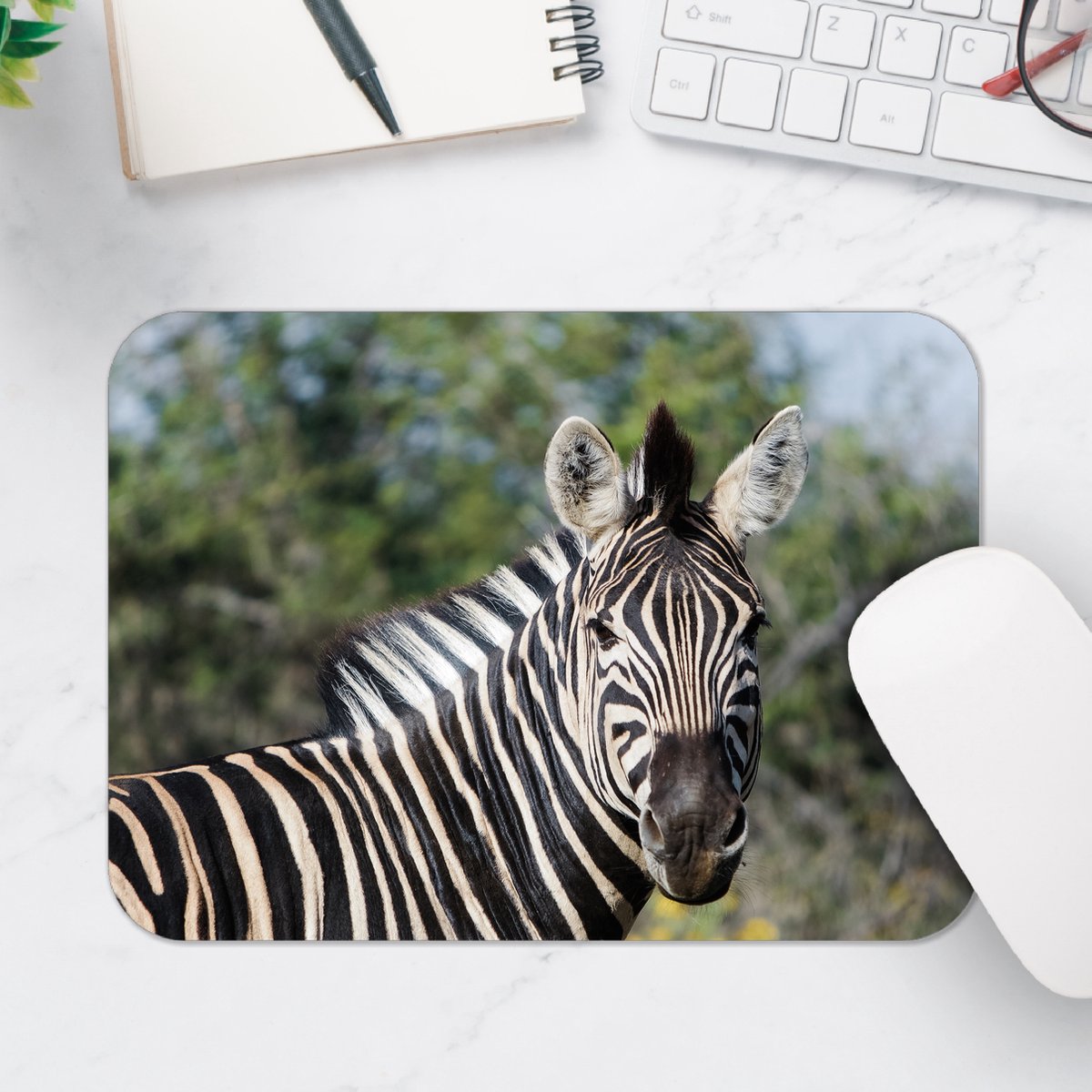 Muismat - Portret van Omkijkende Zebra bij Bomen - 25x18 cm - 2 mm Dik - Muismat van Vinyl