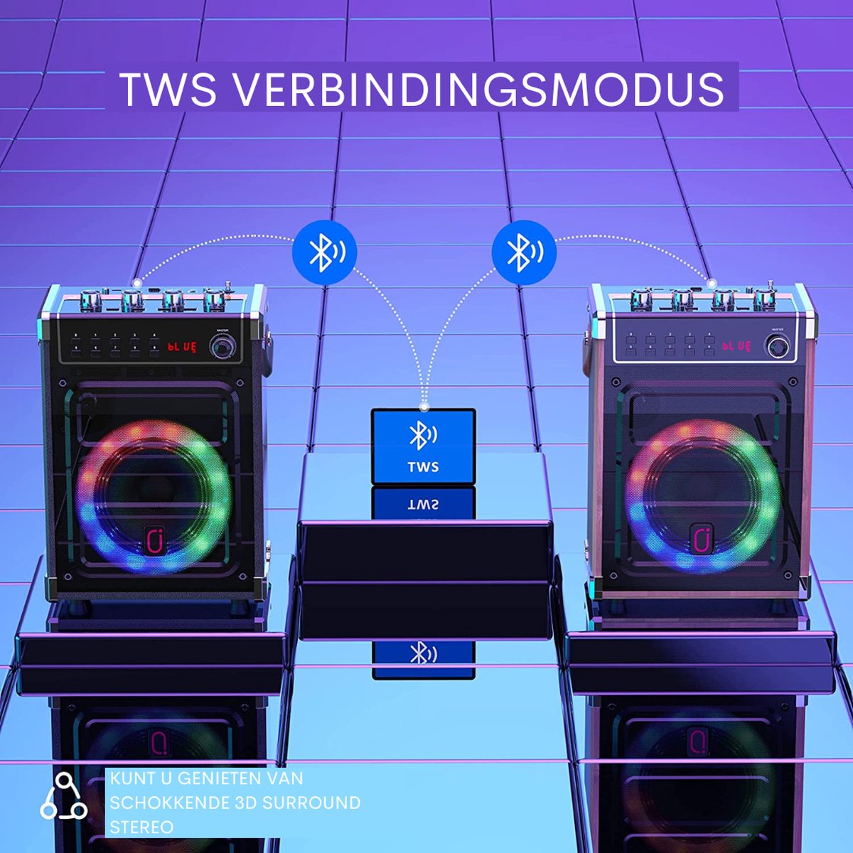 Karaokemachine met 2 microfoons voor volwassenen en kinderen, draagbare Bluetooth karaoke-luidspreker met RGB-feestverlichting, PA-systeem met bas/treble- aanpassing, ondersteunt FM/AUX/USB/6,35 mm