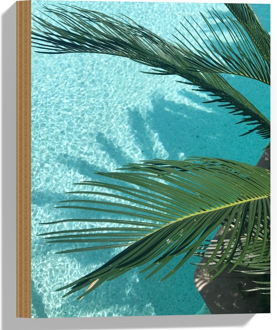 WallClassics - Hout - Palmbladeren Hangend boven Zwembad - 30x40 cm - 9 mm dik - Foto op Hout (Met Ophangsysteem)