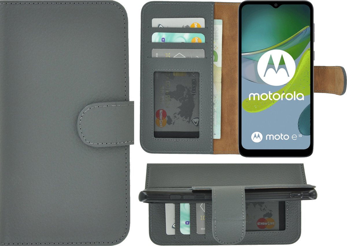 MoDo hoesje Geschikt voor Motorola Moto E13 - Echt Leer Book Case - Grijs