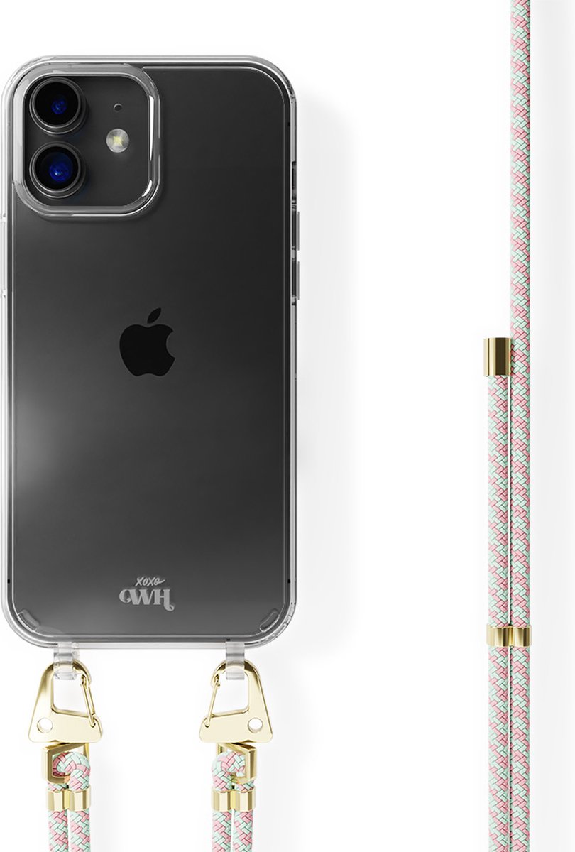 xoxo Wildhearts siliconen hoesje - Geschikt voor iPhone 11 - Aqua Pink - Telefoonhoesje - Hoesje met koord - Telefoonkoord - Turquoise- Roze - Transparant hoesje