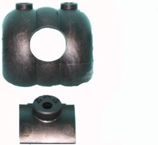Zwarte rubberen stabilisator koppeling afdekking met een rond gat en een apart zwart, T-vormig stuk met drie gaten.
