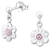 Joy|S - Zilveren bloem bedel oorbellen - zilver met roze kristal - kinderoorbellen