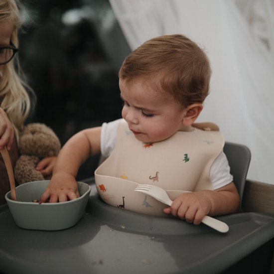 Mushie Siliconen Baby Slabbetje met Opvangbakje | Dino | BPA ftalaatvrij| afwasbaar