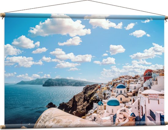 WallClassics - Textielposter - Klassiek Witte Huisjes in Santorini - 120x80 cm Foto op Textiel