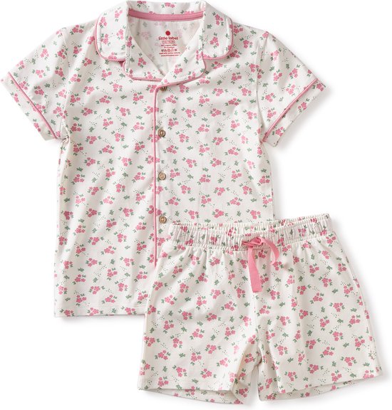 Little Label - klassieke zomer pyjama meisjes - wit bloemetjes - maat: - bio-katoen