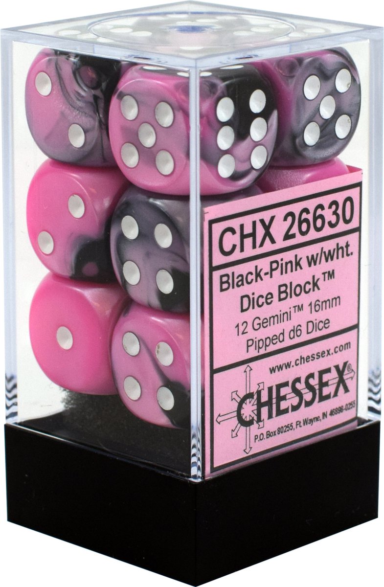 Chessex Gemini Black-Pink/white D6 16mm Dobbelsteen Set (12 stuks)