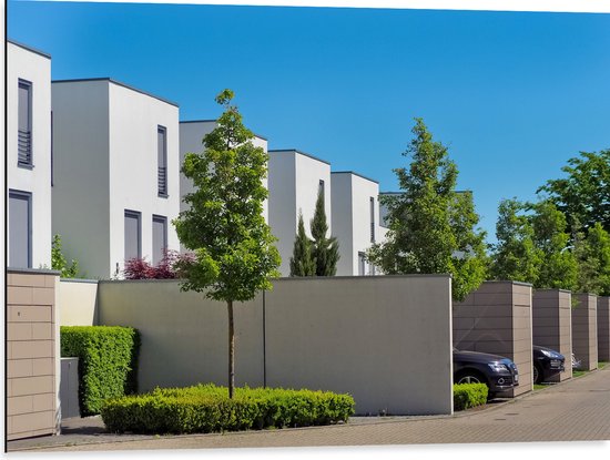 Dibond - Rijtje Mooie Dure Huizen met Mooie Auto's op de Oprit en Bomen - 80x60 cm Foto op Aluminium (Wanddecoratie van metaal)