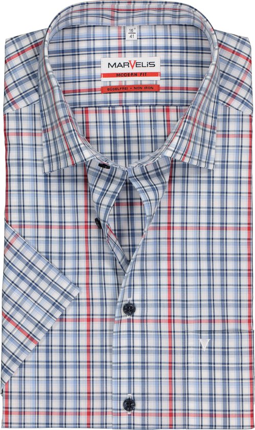 MARVELIS modern fit overhemd - korte mouw - popeline - wit met rood en blauw geruit - Strijkvrij - Boordmaat: 42