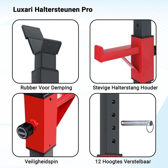 Luxari Haltersteunen - Squat Rack - Halterrek - Halterstandaard - Verstelbare Halters - Extra Hoog - 300 KG Belastbaarheid - Krachttraining - Combineren Met Fitnessbank - Krachtstation - Fitness