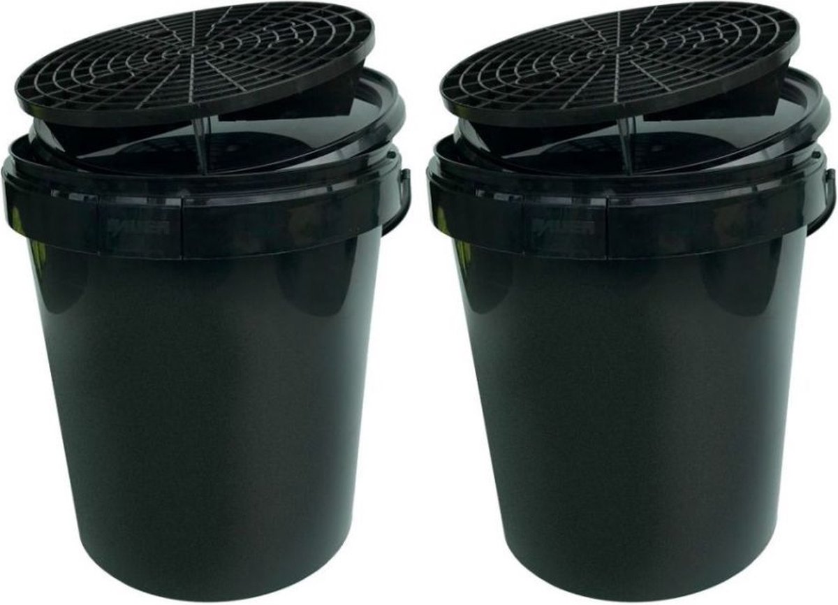 Voordeelverpakking: Wasemmer - 15 Liter - Zwart + Deksel & Grid - Autopoetsmiddelen - 2 stuks