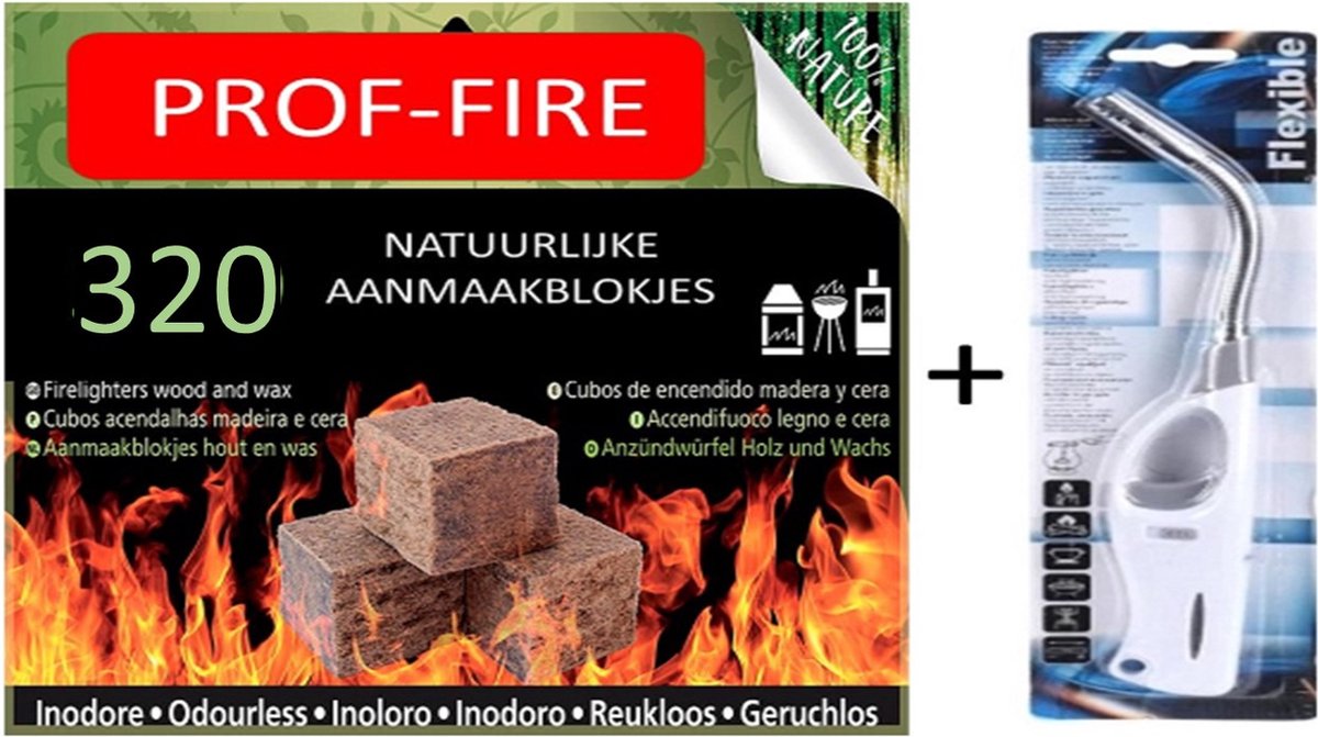 Prof-Fire - 320 Aanmaakblokjes Bruin + Opvulbare Gasaansteker met Flexibele Hals - CO2 Neutraal - Milieuvriendelijk - Fire-Up kwaliteit