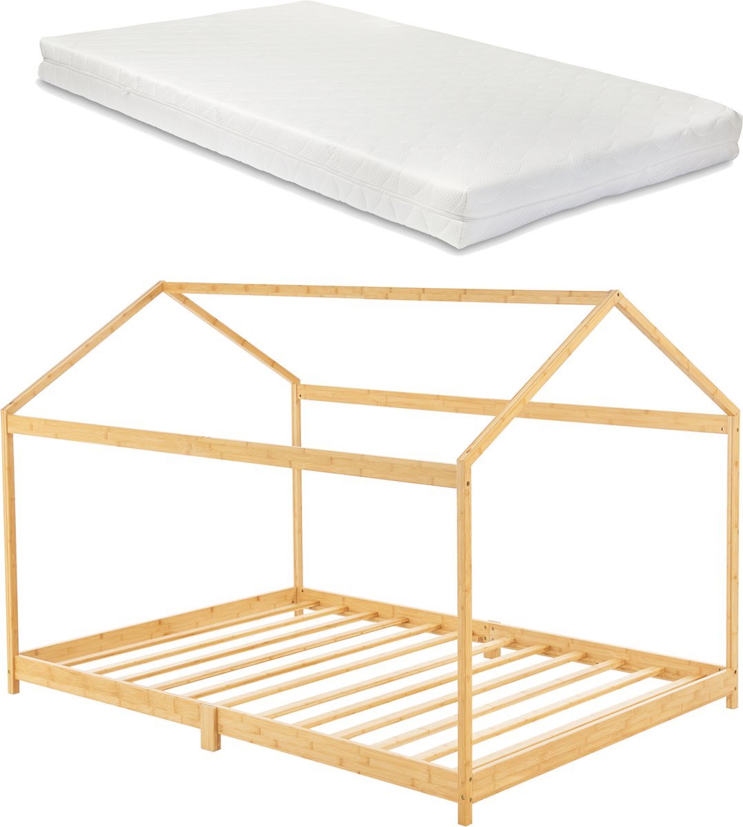 en.casa Kinderbed Vindafjord huisbed met matras bamboe 90x200 cm houtkleurig