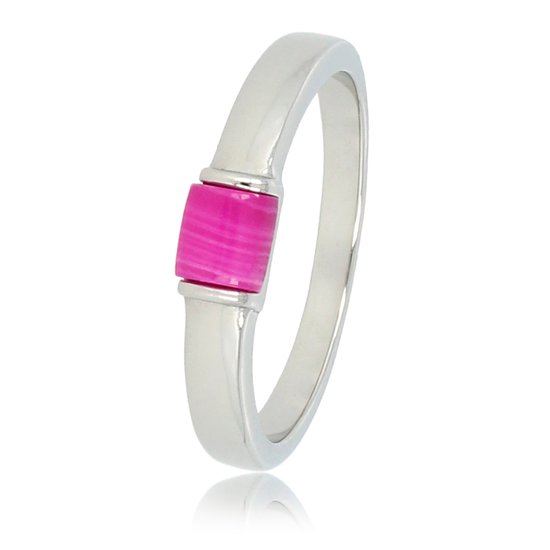 My Bendel - Zilverkleurige ring met Rose Stripe Agate edelsteen - Bijzondere zilverkleurige ring met felroze Rose Stripe Agate edelsteen - Met luxe cadeauverpakking